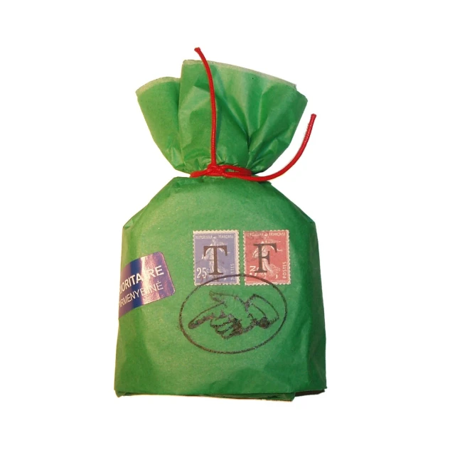 a bag of green colored paper with stamping