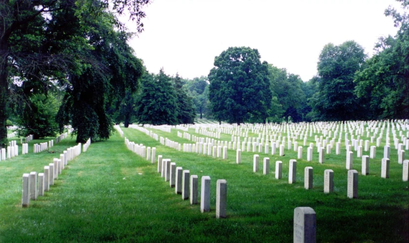 many headstones laying in a field of grass