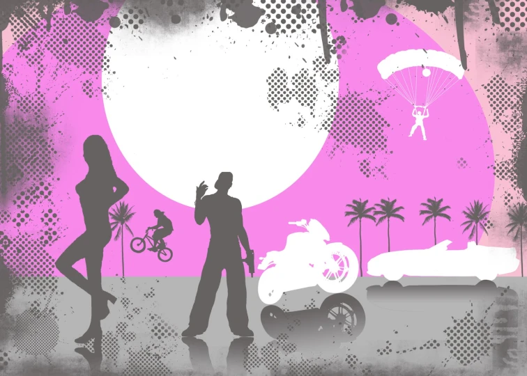 two people walking with the pink background of the car