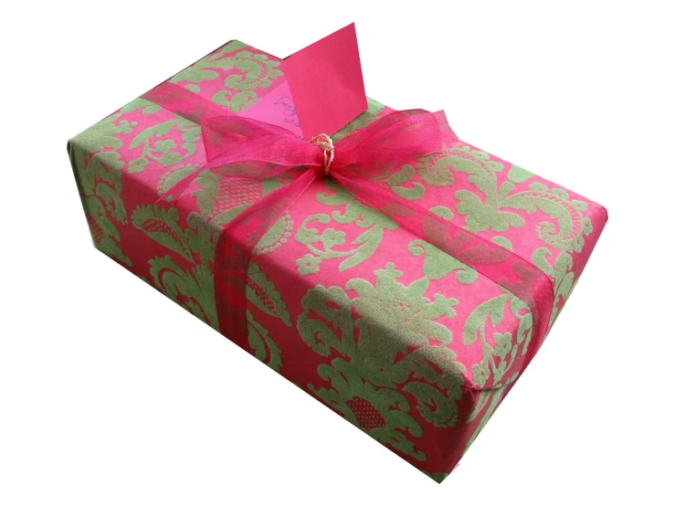 a pink and silver wrapped present box with a bow