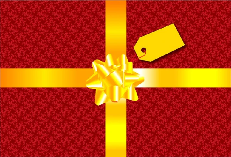 a red and yellow christmas gift with a ribbon