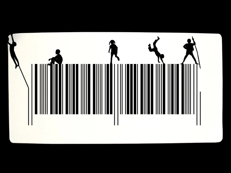 two people are on top of a bar code