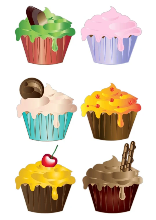 a bunch of different cupcakes with icing and toppings