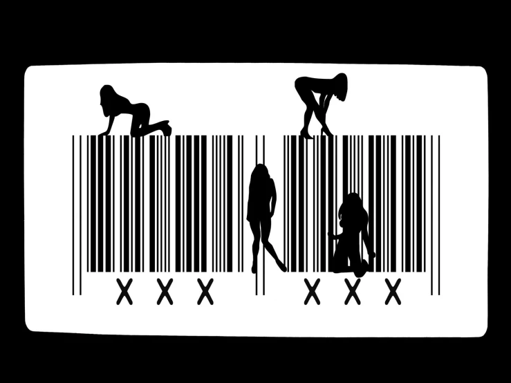 a barcode with two men standing in front of it