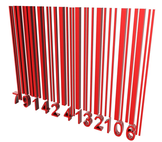 numbers and a bar code in red against a white background