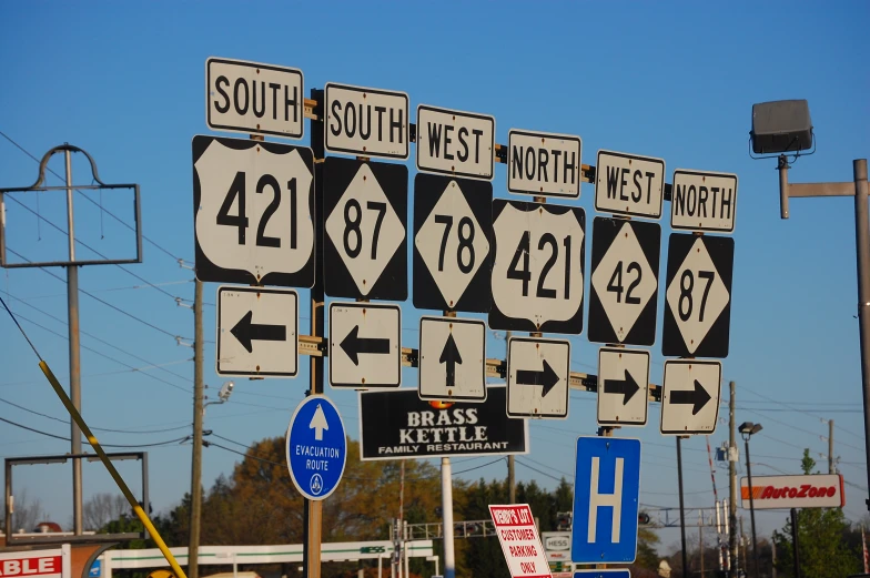 a bunch of signs that are on a pole