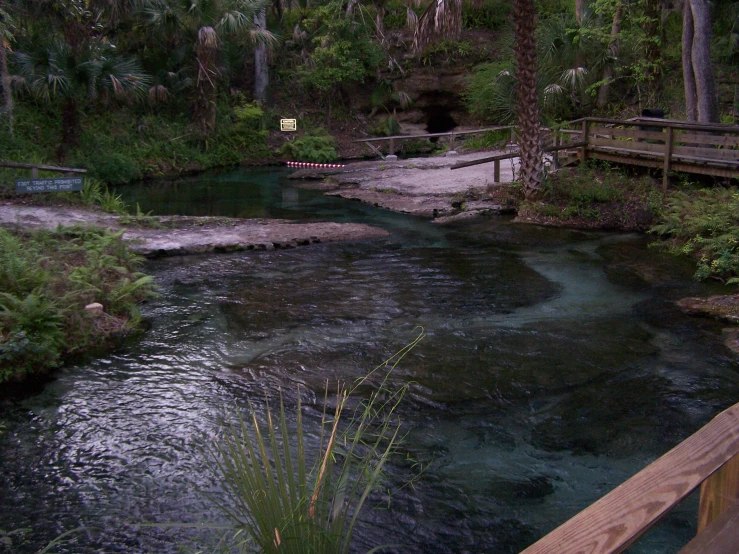 a river running between two large wooded areas