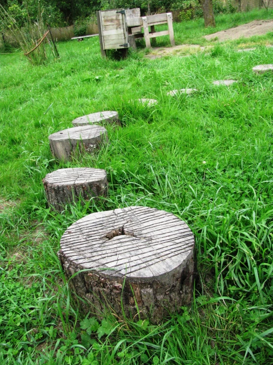 a grassy area with several wooden pieces laying on it