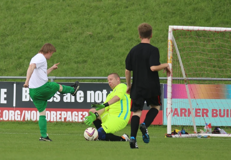 there is a soccer game being played in the field