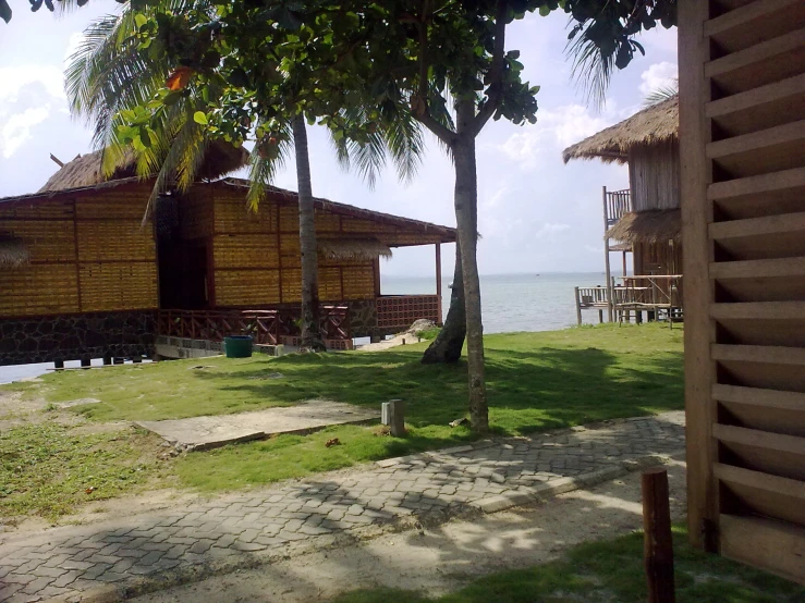 two huts and trees are beside the ocean
