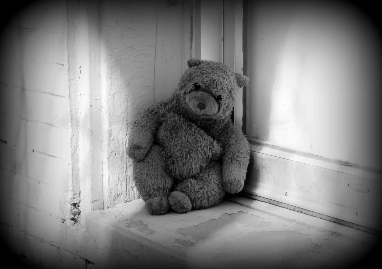 a stuffed animal sitting on the window sill in front of a door