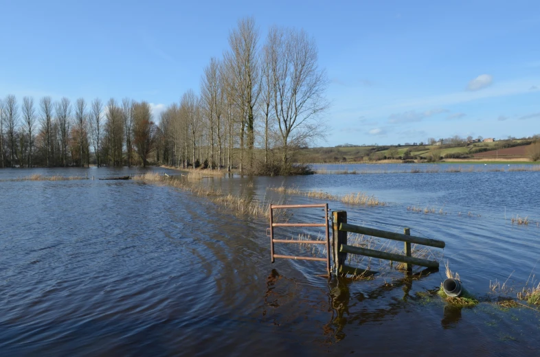 a bench next to water surrounded by a fence