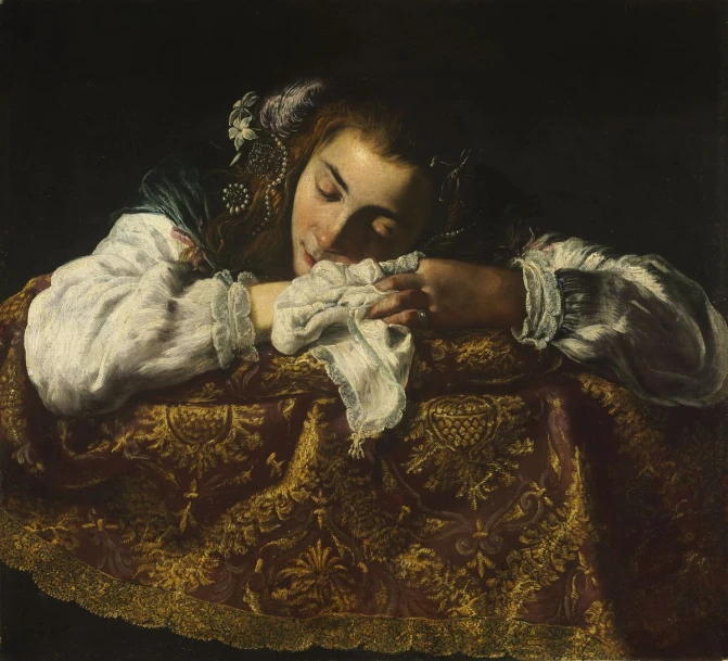 a painting that depicts a woman sitting on a bed and holding her hands in a pillow