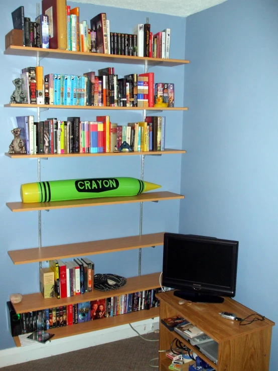 there are bookshelves full of baseball bats, dvds and a television