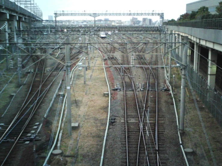 the view of a railroad track with many rows of tracks