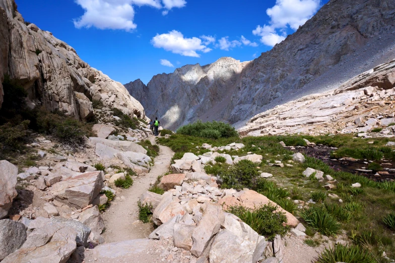 the trail on the mountain has a long line of rocks and small bushes