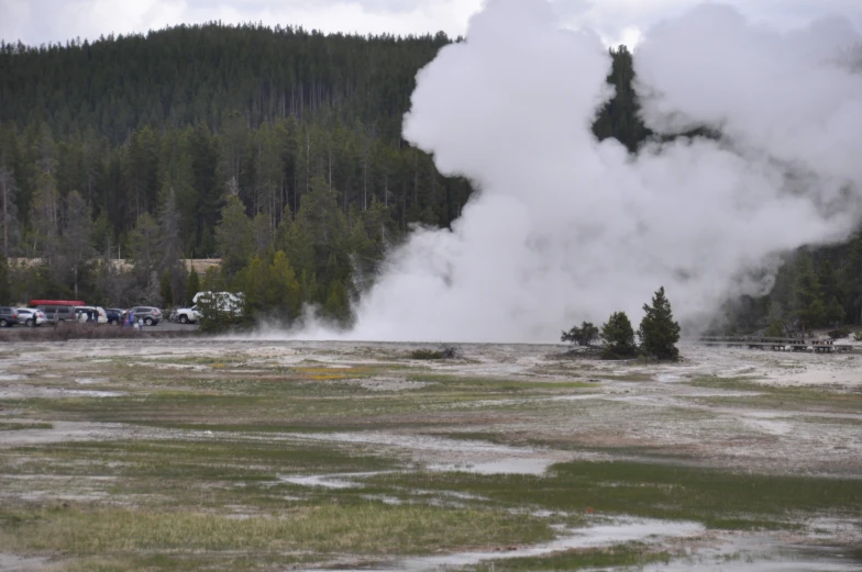 a steam - like geyser rises out of a pond