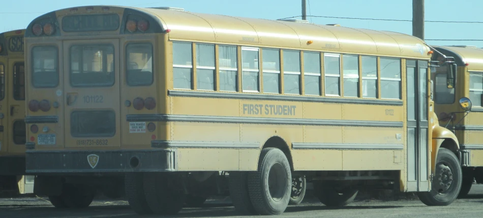 two school buses sitting side by side on a street