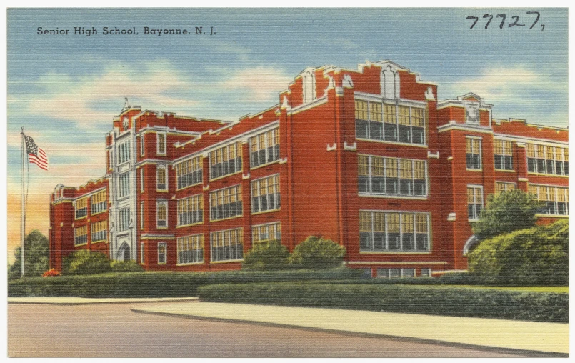 a postcard featuring a red brick building