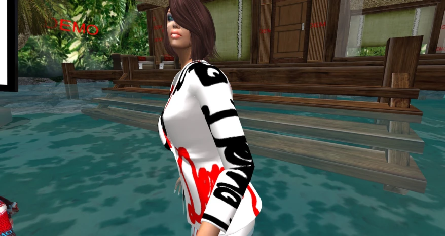 a animated female in an off white dress on the water