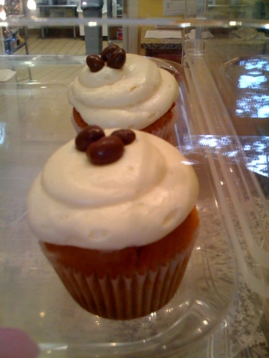 two cupcakes sitting on top of a plastic tray