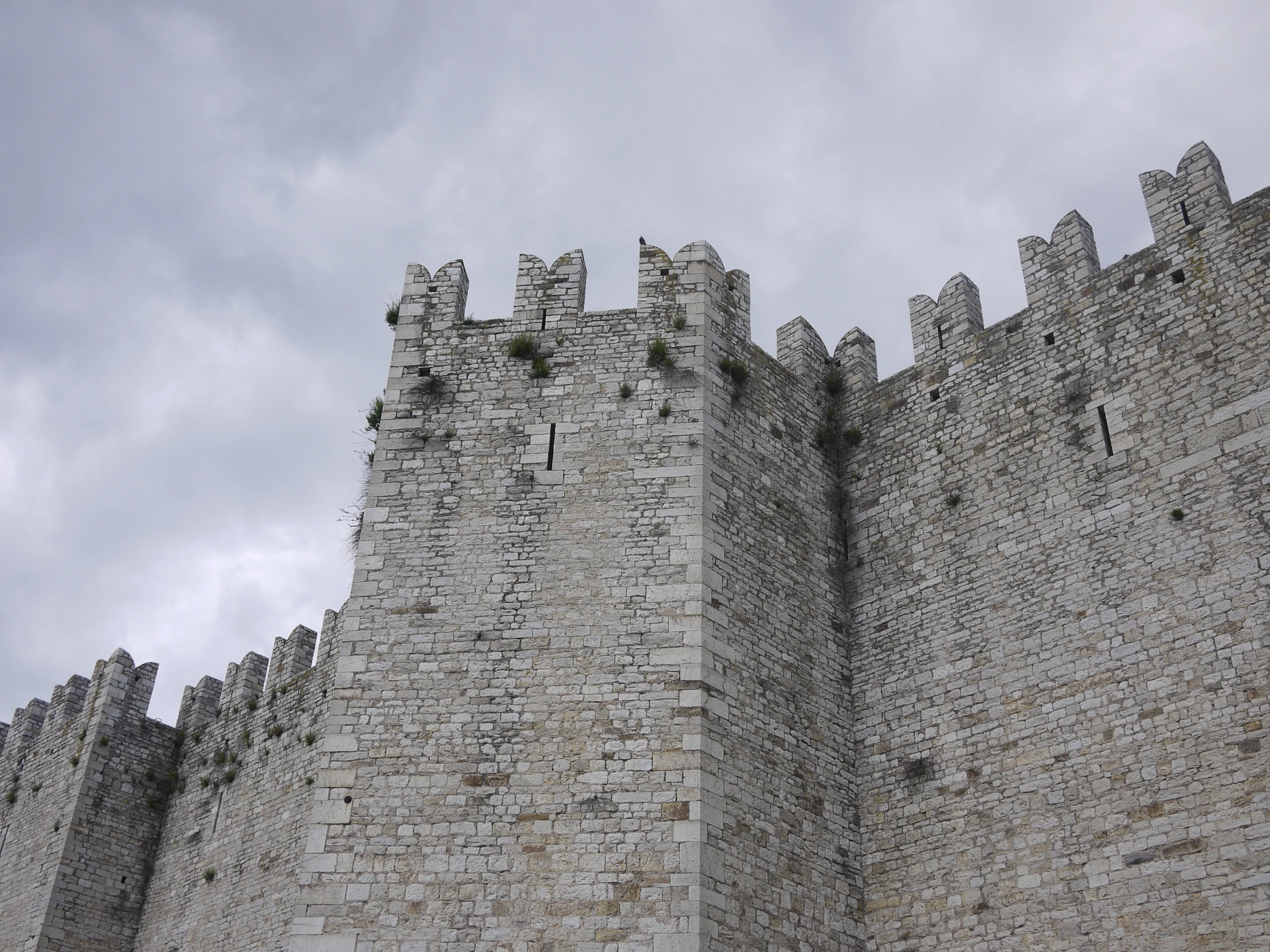 a grey castle wall built with stone blocks