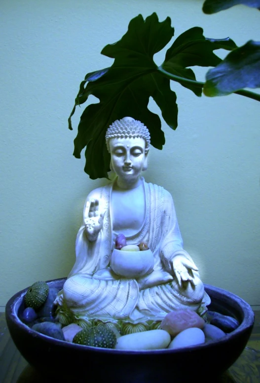 a buddha statue sits on top of rocks