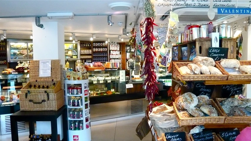 a market area with bread and other goods