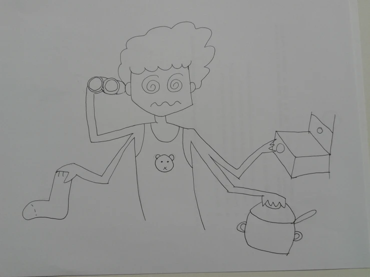 a drawing of a woman holding up her arm and a cup