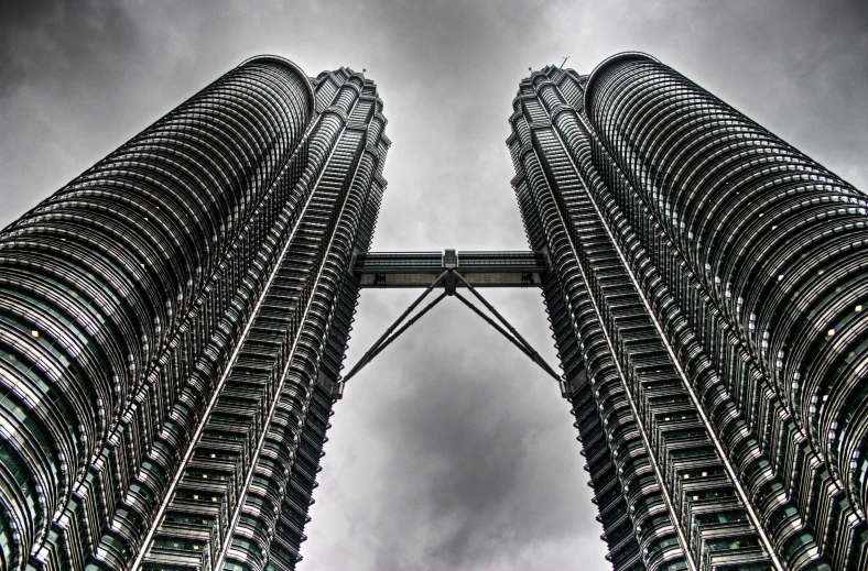 view of the two towers looking upward towards the sky