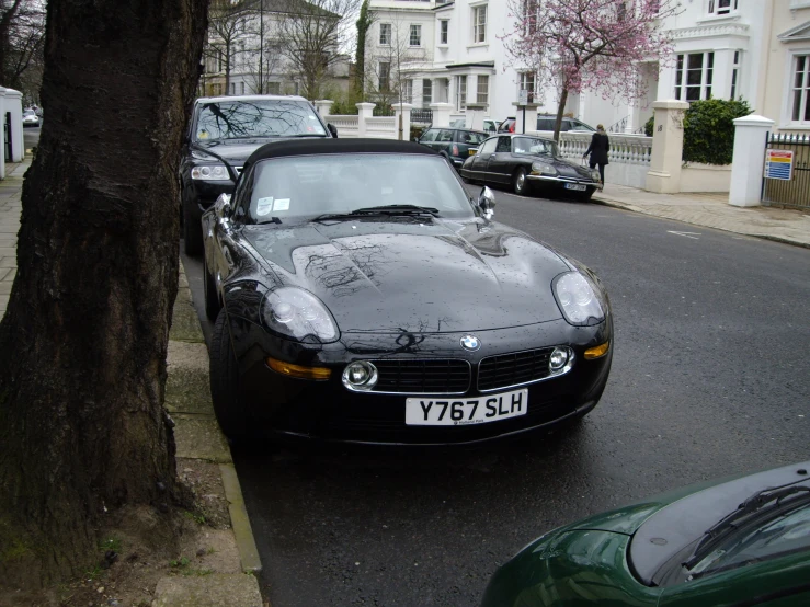 a parked sports car in a residential area