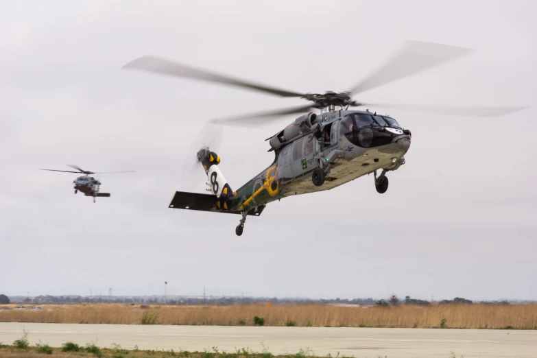 two military helicopter flying side by side in the air