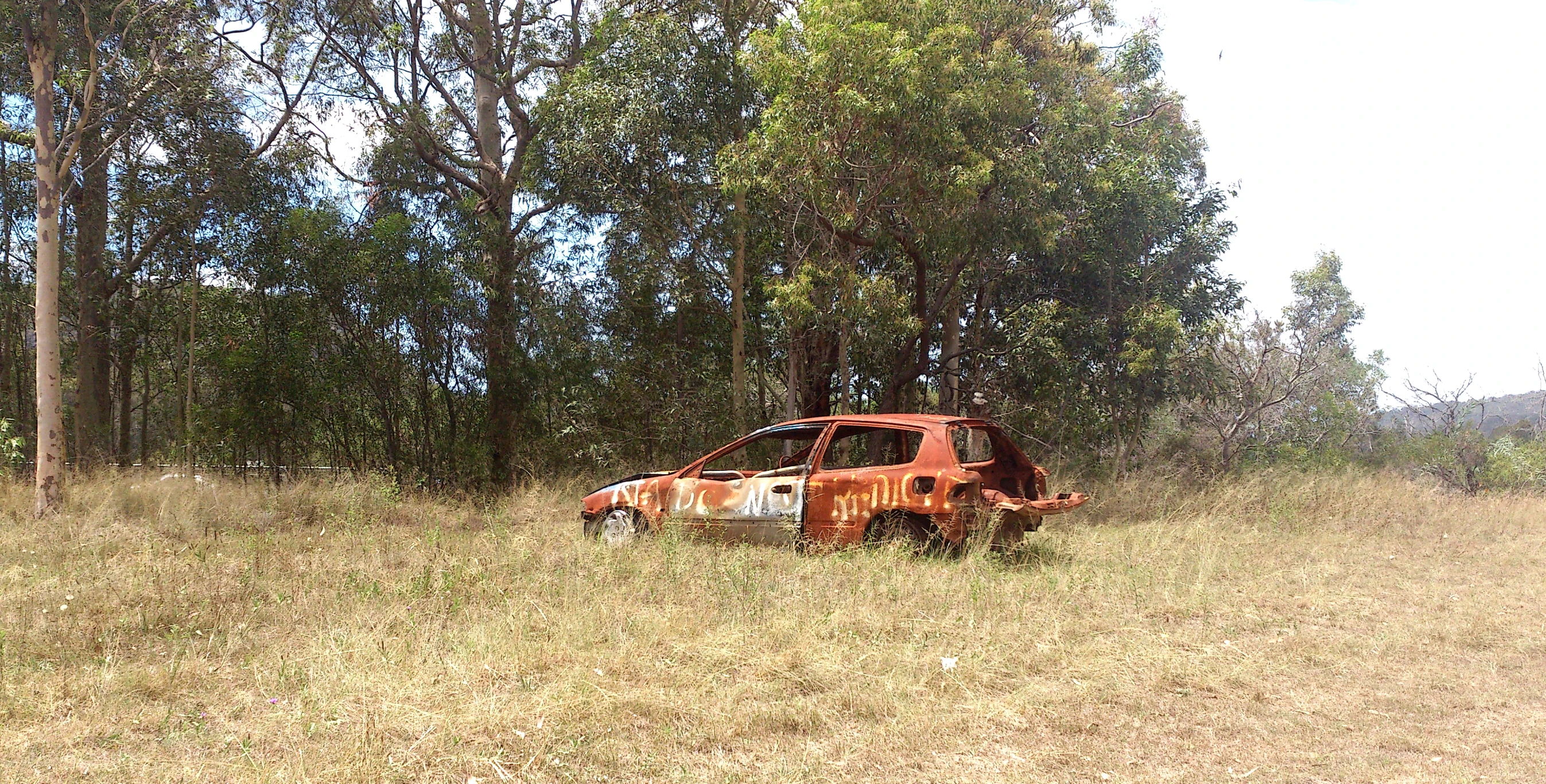 an old rusted out truck in a wooded field