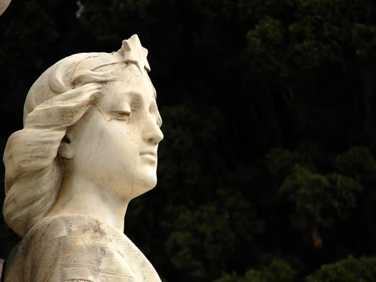 the head and shoulders of a statue of a woman in profile