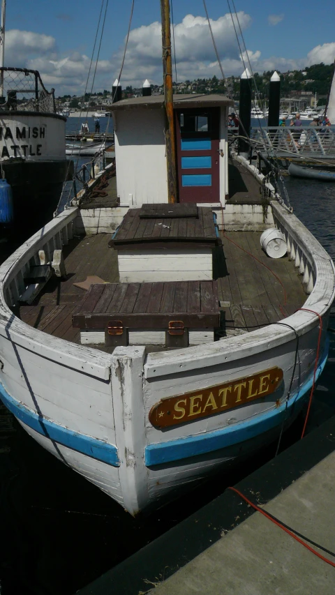 the front end of a small boat parked on a dock