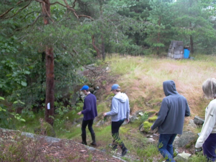 people walk up the slope near the woods