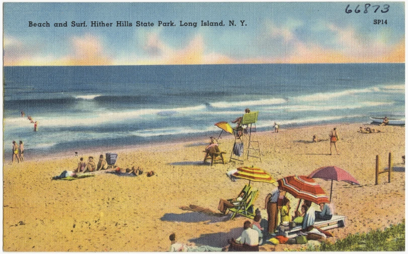 an old fashioned postcard shows a beach scene