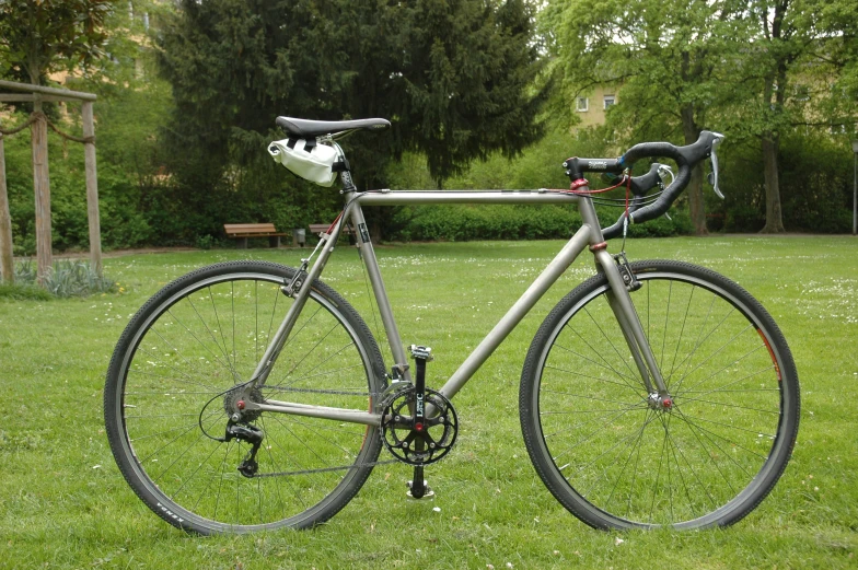 a bicycle is displayed in an open grassy area