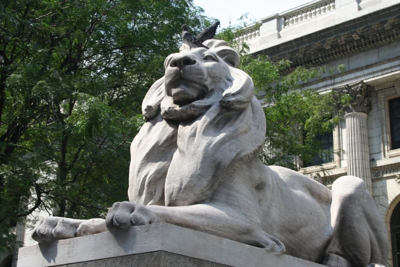 a statue of a lion sits outside on the cement