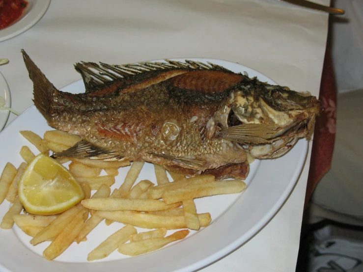 a fish is shown with fries on the side