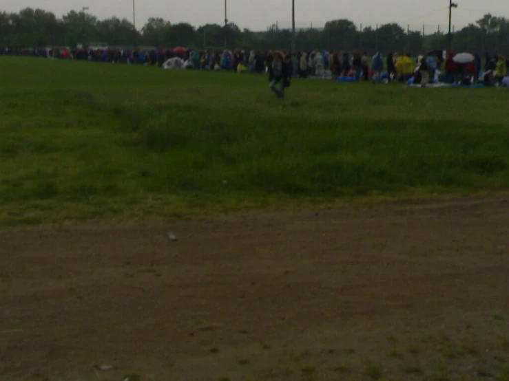 people standing in a field with tents, and umbrellas