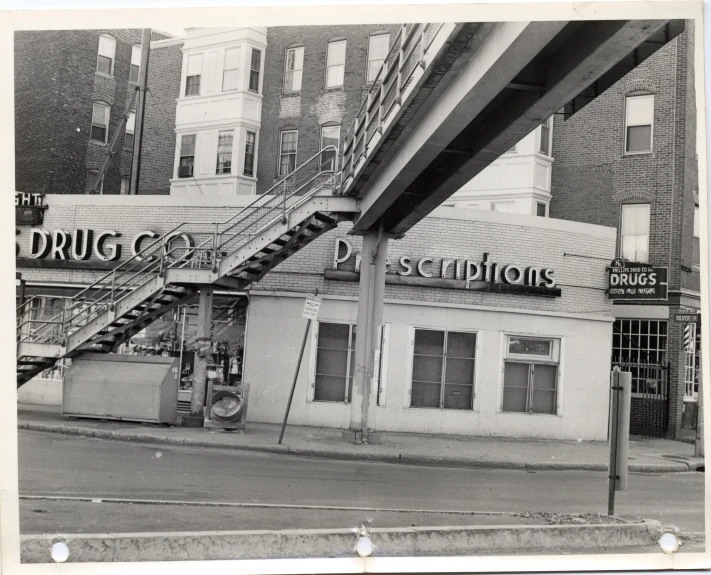 a street view of the drug shop in the early 20th century