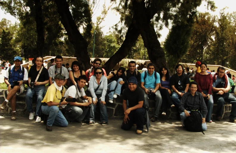 a group of people pose together on benches