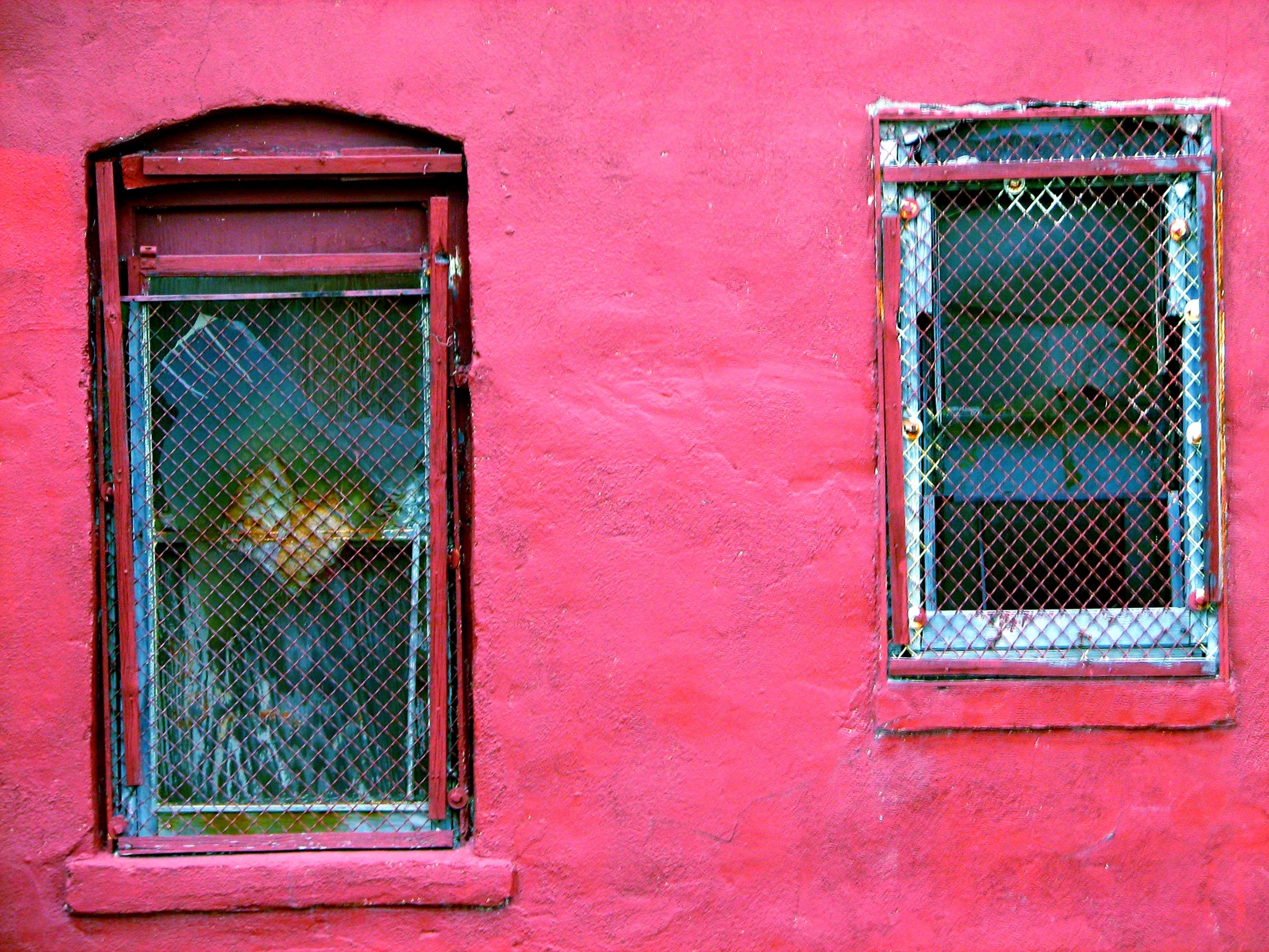 two windows and a fence with red wall