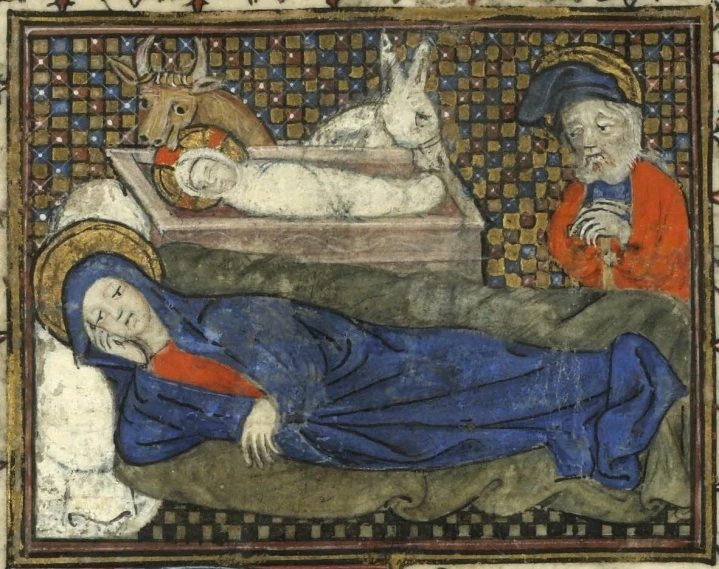 a medieval style painting of the nativity with an adult