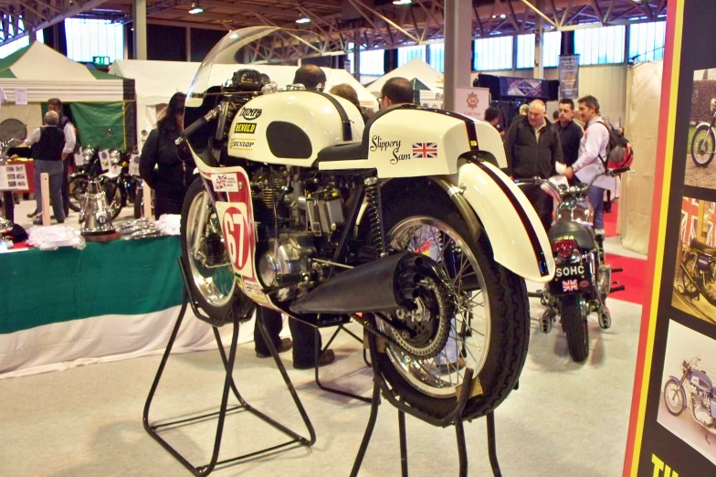 a motorcycle parked next to a bunch of people looking around