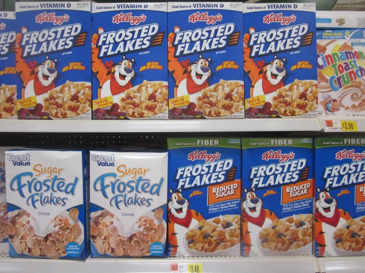 cereal on display in a store shelf in a convenience aisle