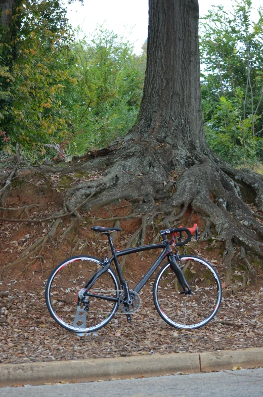 there is a bike parked in the dirt