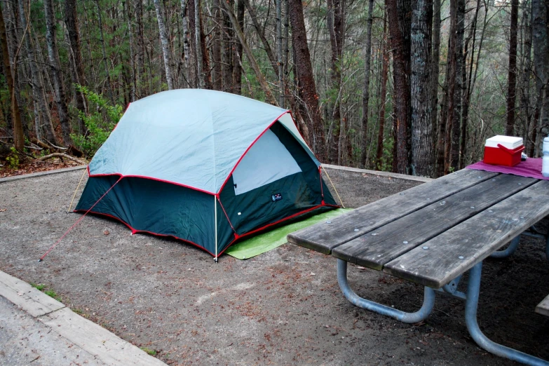 there is a tent near the picnic table