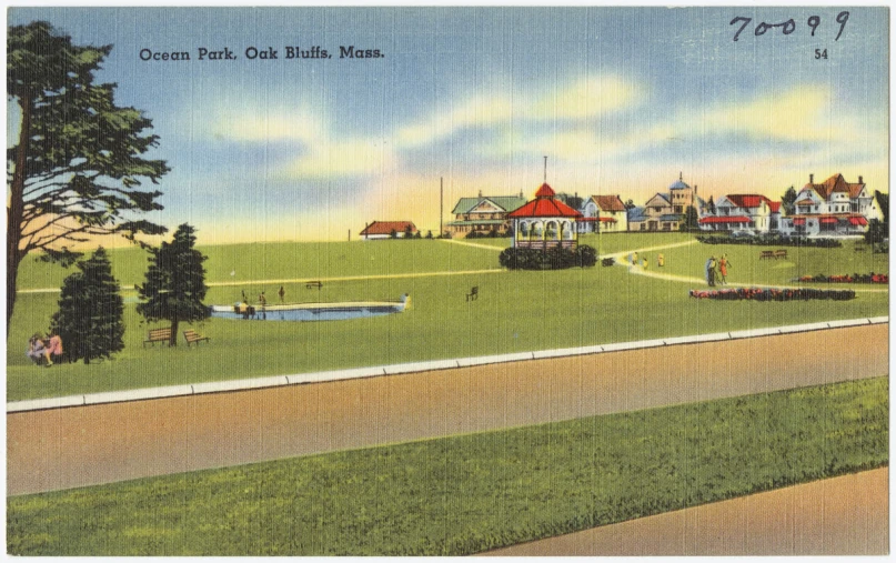 an old postcard shows a beautiful countryside with houses and park